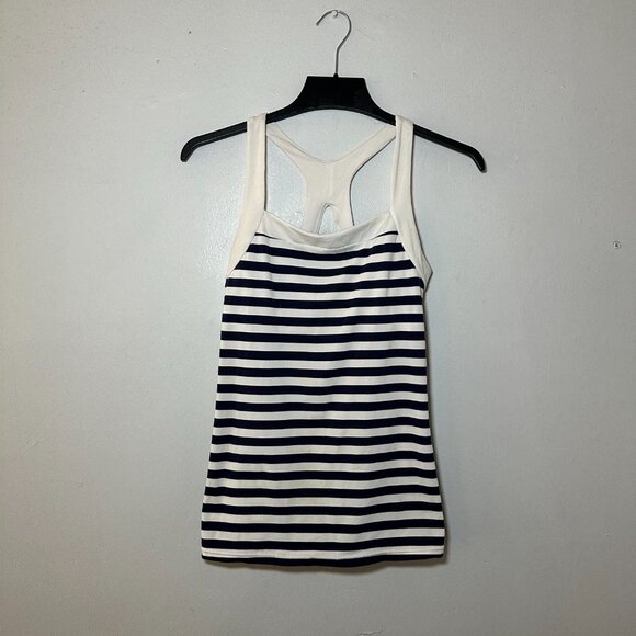 GapFit Navy & White Striped Racerback Tank Top Built-In Bra Womens S Yoga - Picture 3 of 6